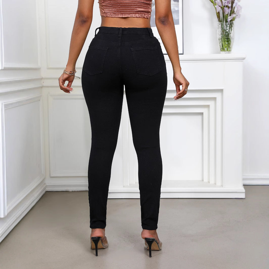 Women Solid Color Stretch Ripped Denim Pants 5