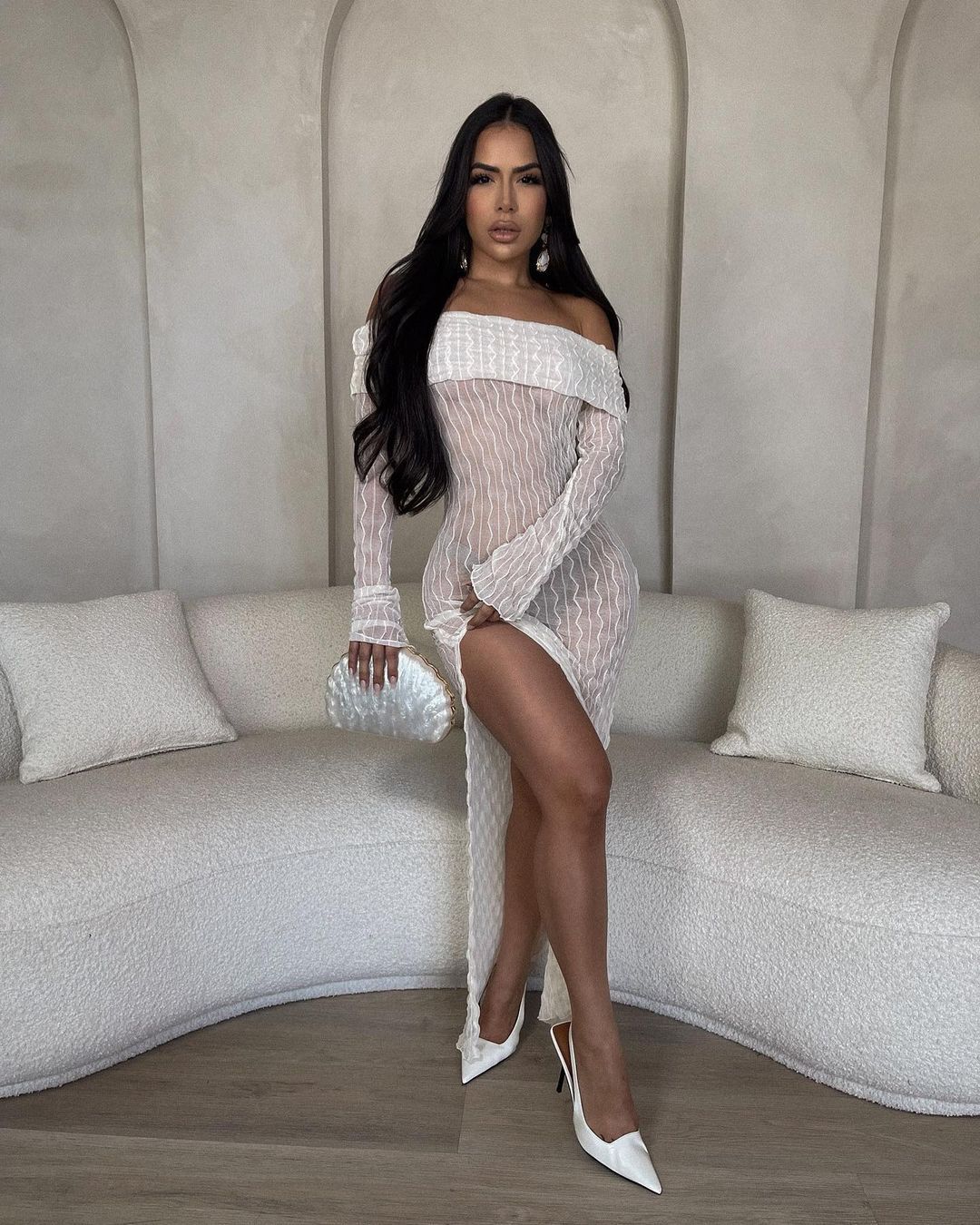 Women's Spring Summer Autumn Off Shoulder Long Sleeve Tight Fitting Mesh Slit Sexy Dress 3