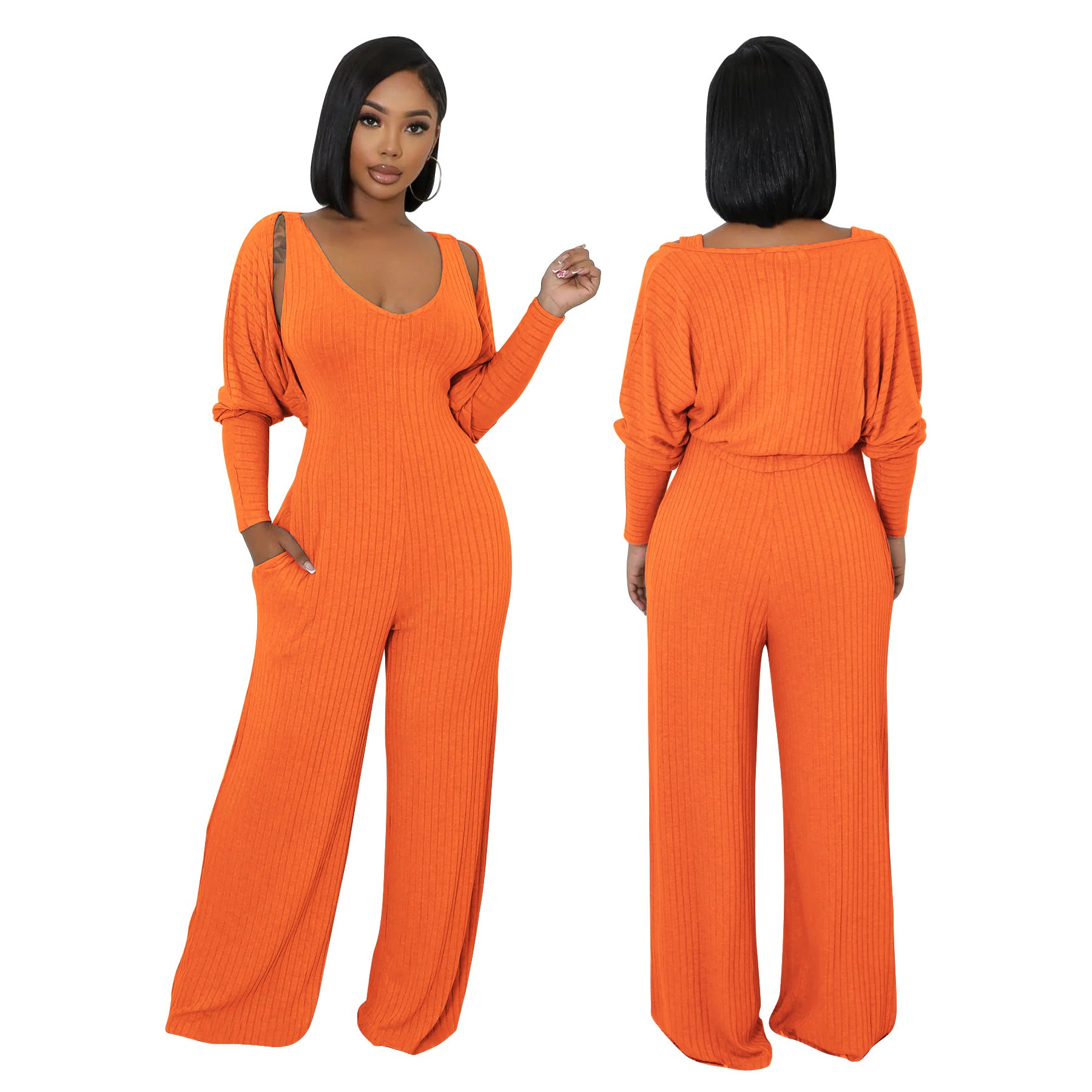 Women’s Fashion Ribbed High-Stretch Cape Top Sleeveless Jumpsuit Set 5