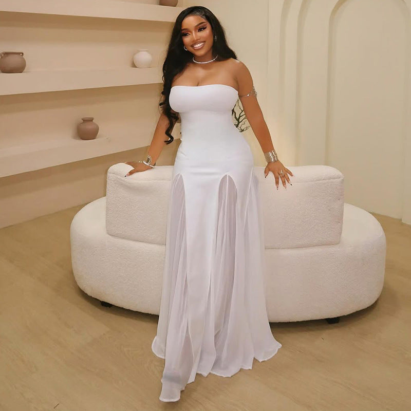 Chic Women's See-Through Strapless A-Line Solid Evening Dress 3