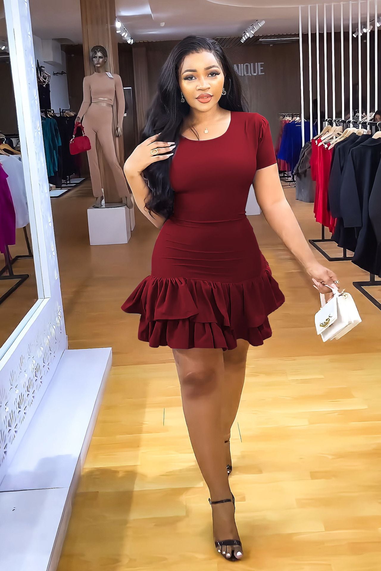 Solid Color Short Sleeve Back Lace-Up Chic Slim Ruffle Summer Dress 3