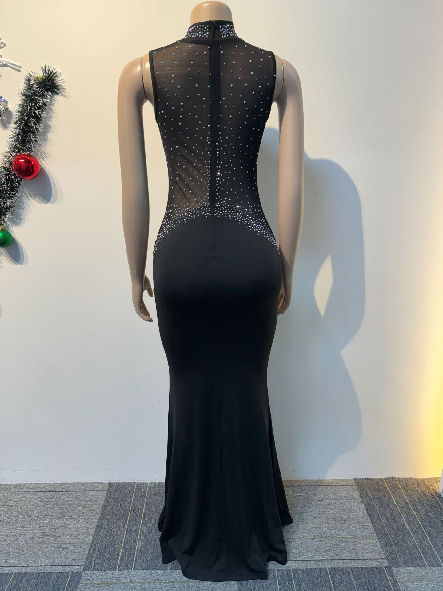 Women Sexy Beaded See-Through Patchwork Sleeveless Bodycon Dress 8