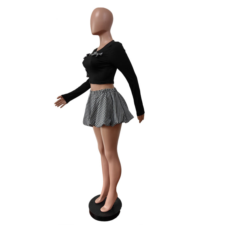 Bow Knot Long Sleeve Crop Top Shorts Two Piece Set 10