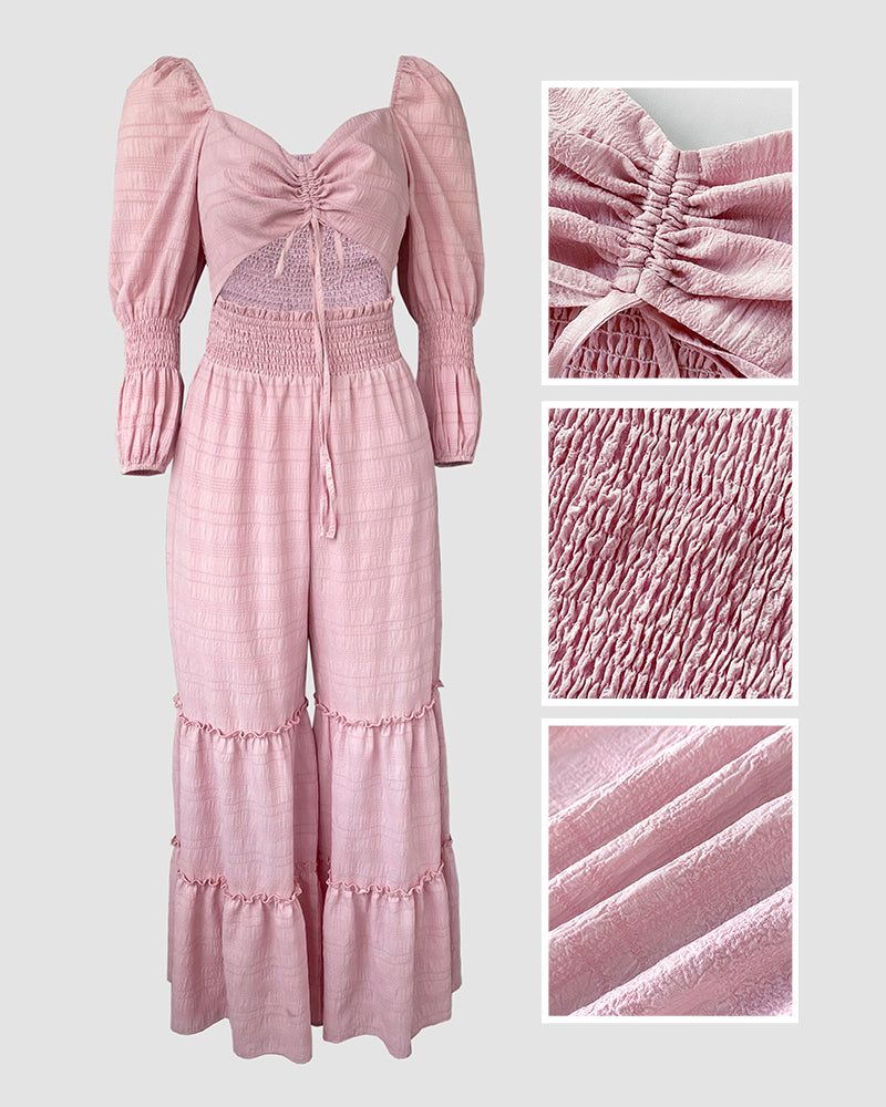 Women Square Neck Drawstring Puff Sleeve Wide Leg Jumpsuit 9