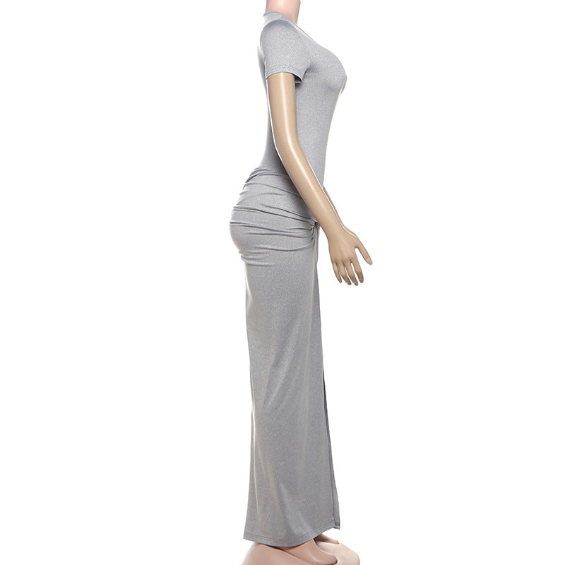 Spring Women Solid Round Neck Short Sleeve Bodysuit Sexy Slit Skirt Two-Piece Set 8