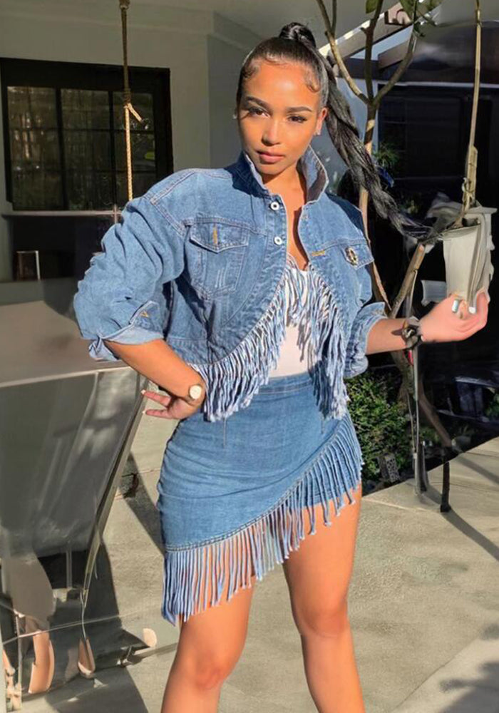 Women Denim Casual Stretchy Tassel Top and Skirt Two-Piece Set