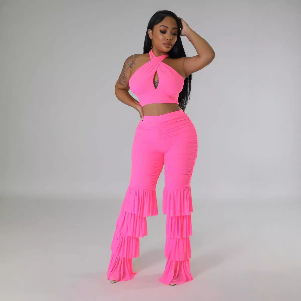 Women's Cross Halter Neck Solid Color Top Sexy Slim Mesh Tassel Pants Two Piece Set 6