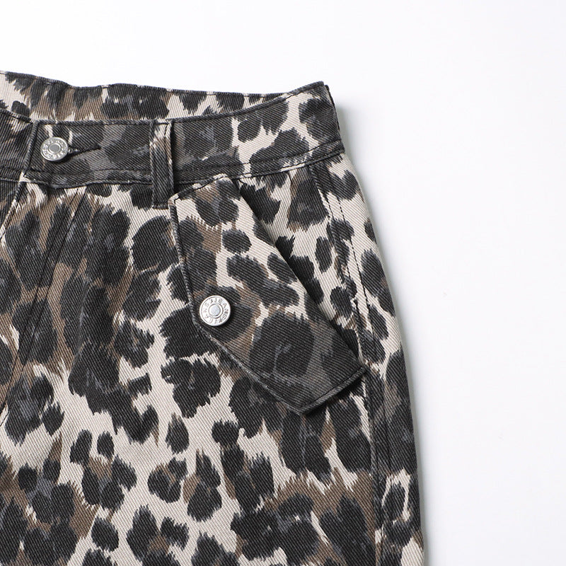 Autumn American Retro Leopard Print High Waisted Slim Fit Straight Jeans Ripped Denim Pants 13