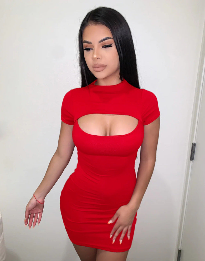 Sexy Solid Color Hollow Short Sleeve Bodycon Dress 4