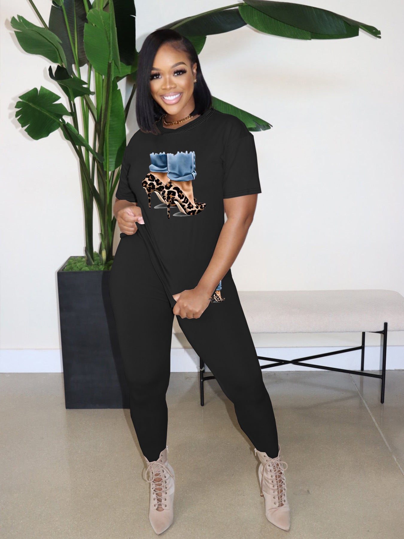 Women Solid Printed Top and Pant Casual Two-piece Set 8