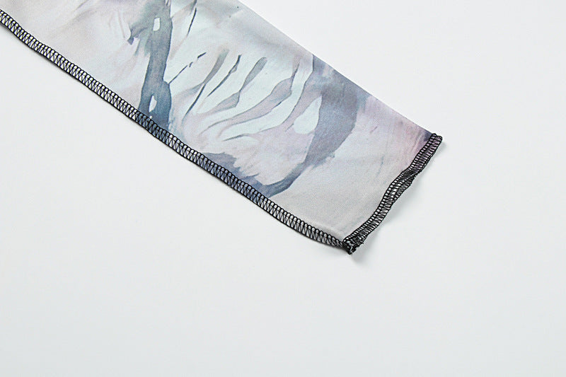 Women's Fall Sexy Round Neck Print Crop Top Tight Fitting Butt Lift Long Pants Set 14