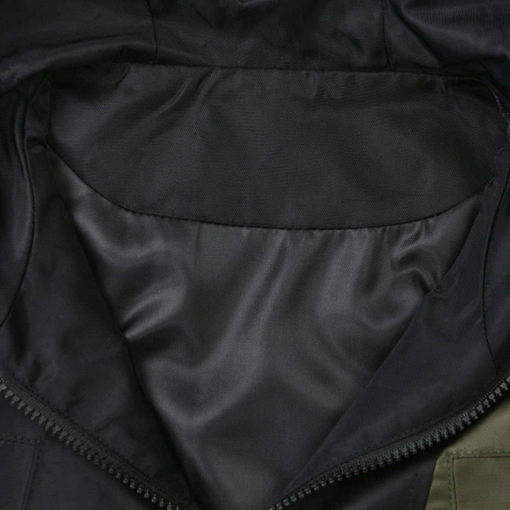 American Retro Hooded Cutout Jacket Autumn Trend Style Patchwork Drawstring Short Bomber Jacket 7