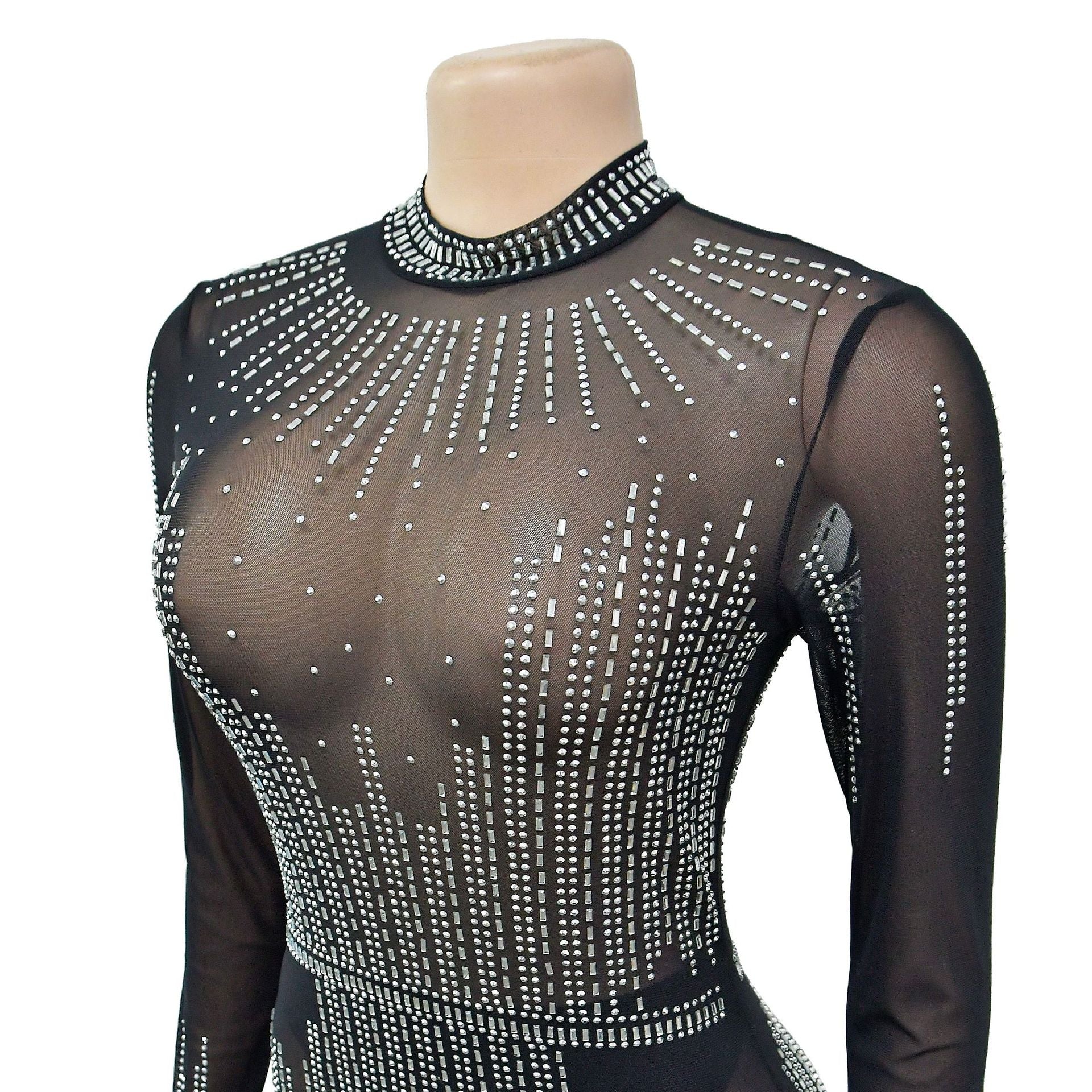 Fashion Women's Solid Color Mesh Beaded Long Sleeve Maxi Dress 12