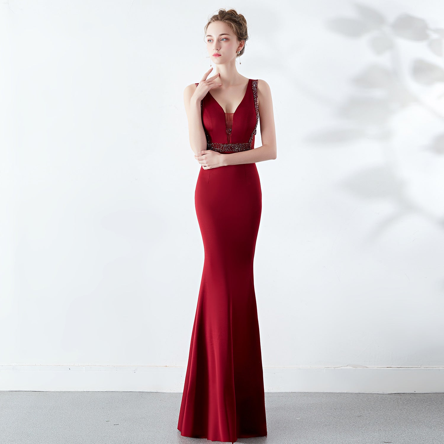 Women Elegant V Neck Slim Formal Party Maxi Mermaid Evening Dress 9