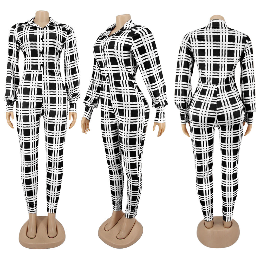 Fashionable Spring Turndown Collar Slim Puff Sleeve Women's Plaid Print Jumpsuit 5