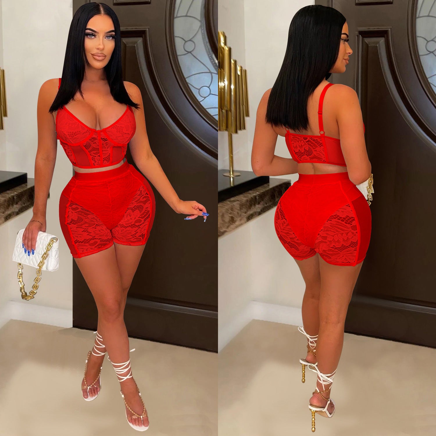 Women Solid Sexy Lace Sleeveless Top and Shorts Two-piece Set 9