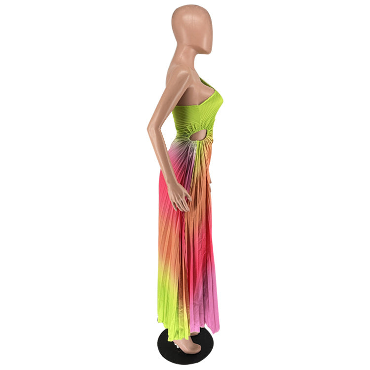 Women's Fashion Gradient Printed One Shoulder Pleated Maxi Dress 19