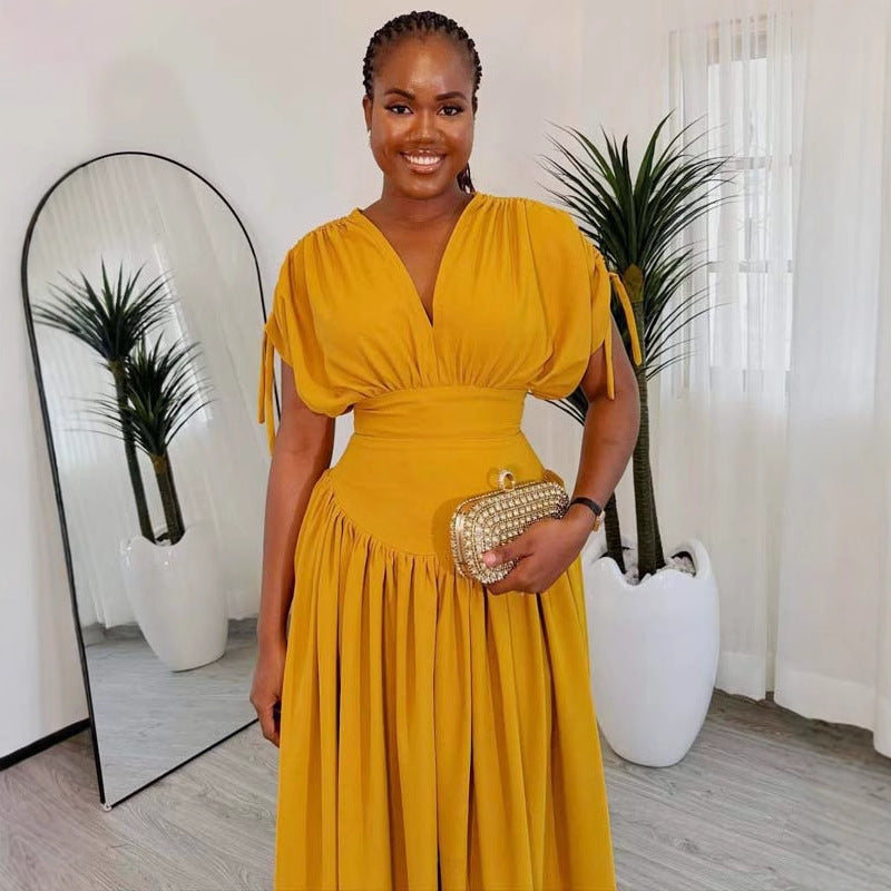 Women's V-Sleeve Elastic Slim Waist Solid Color  African High-Waist Long Dress 3