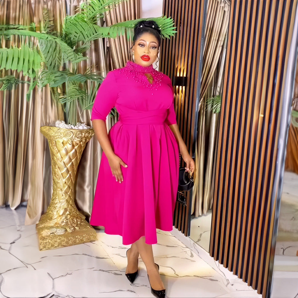 Women African Elegant Stand Collar Beaded Belt Pocket Dress 5