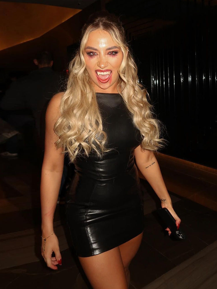 Women Spring Summer pu-Leather Sleeveless Bodycon Dress 5