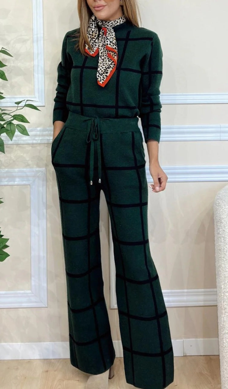 Women Casual Long Sleeve Plaid Print Top and Drawstring Wide Leg Pants Two Piece Set 4