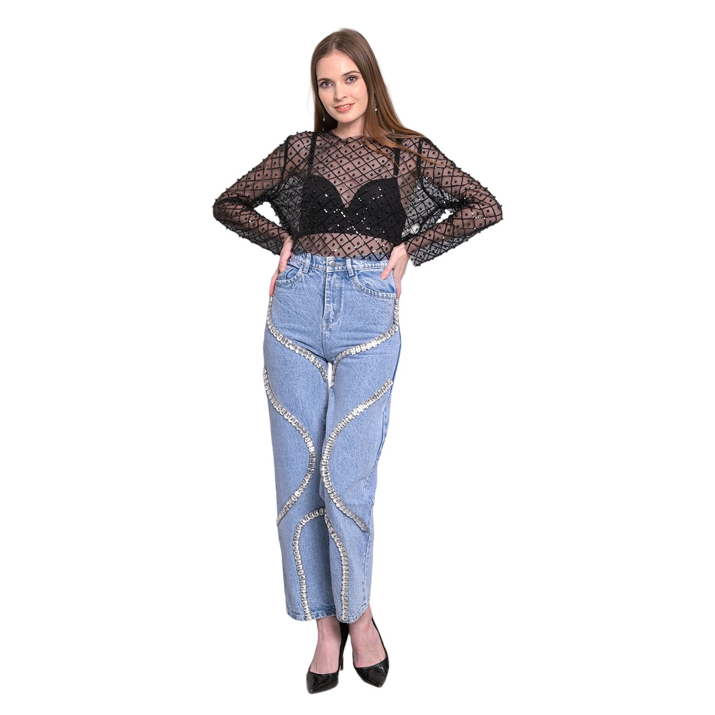 Women's High Waist Rhinestone Wide-Leg Trousers Straight Long Casual Denim Pants 7