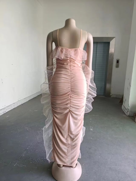 Ruffled See-Through Mesh Slit Strap Bodycon Dress 9