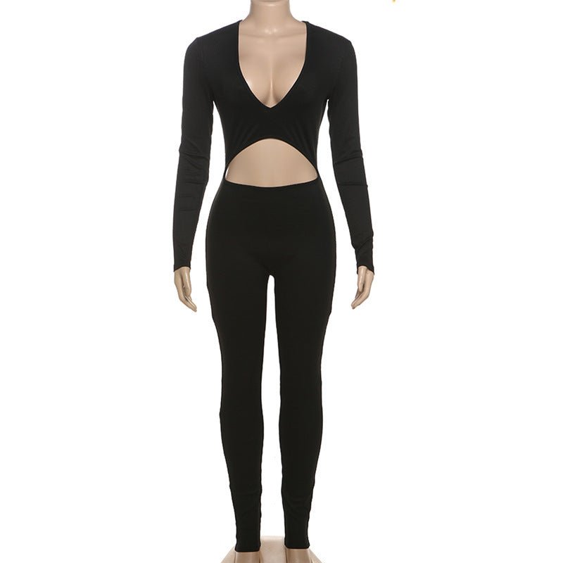 Autumn And Winter Sexy Deep V-Neck Hollow Tight Fitting Long-Sleeved Solid Color Sports Jumpsuit 8