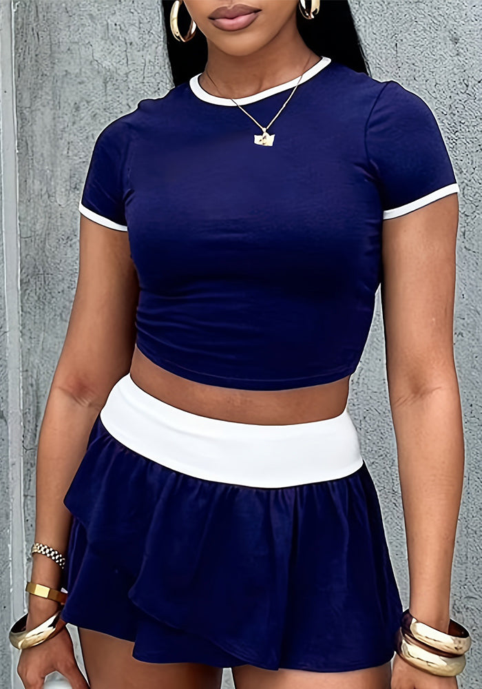 Women's Sports Color Block Round Neck Short Sleeve Sexy Slim T shirt Skirt Two Piece Set