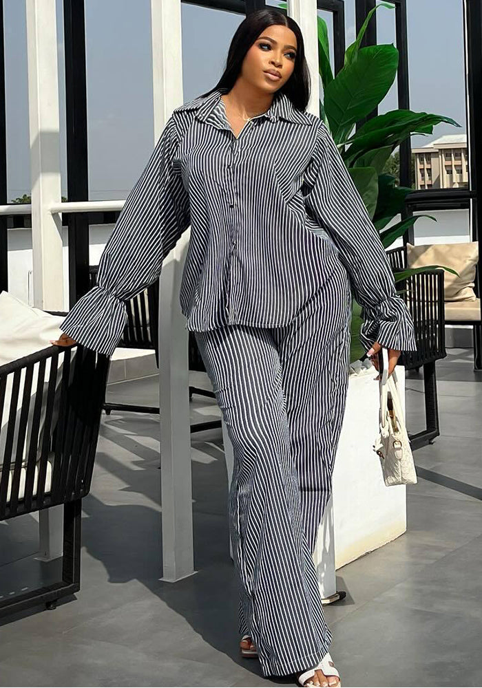Women's Fashion Striped Button Bell Sleeve Shirt Wide Leg Pants African Casual Set