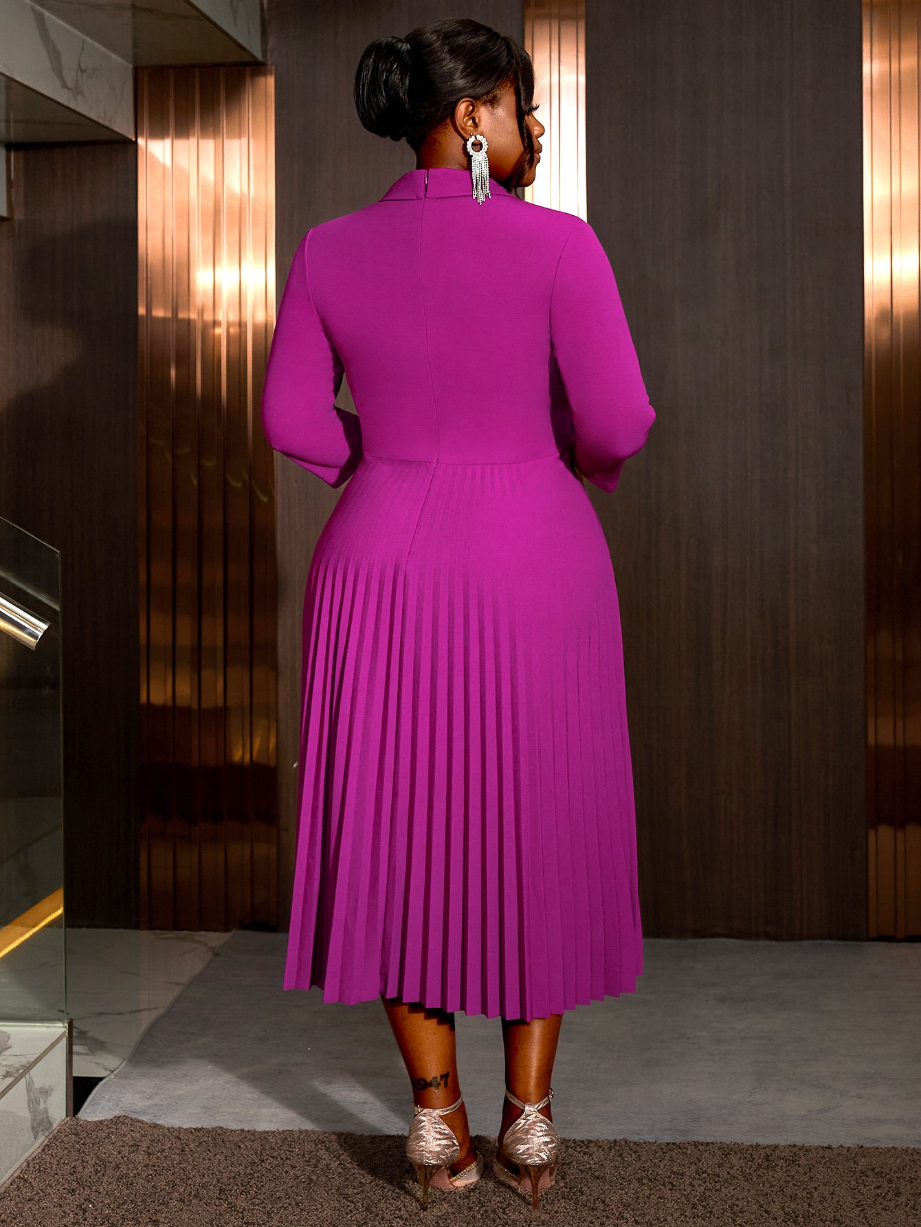 Women Turndown Collar pleated Formal Party pleated Dress 7