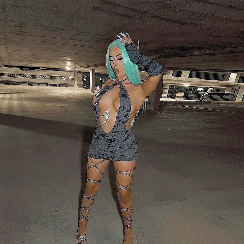 Women's Spring Ripped Halter Neck Low Back Slim Butt Lift Sexy Dress 5