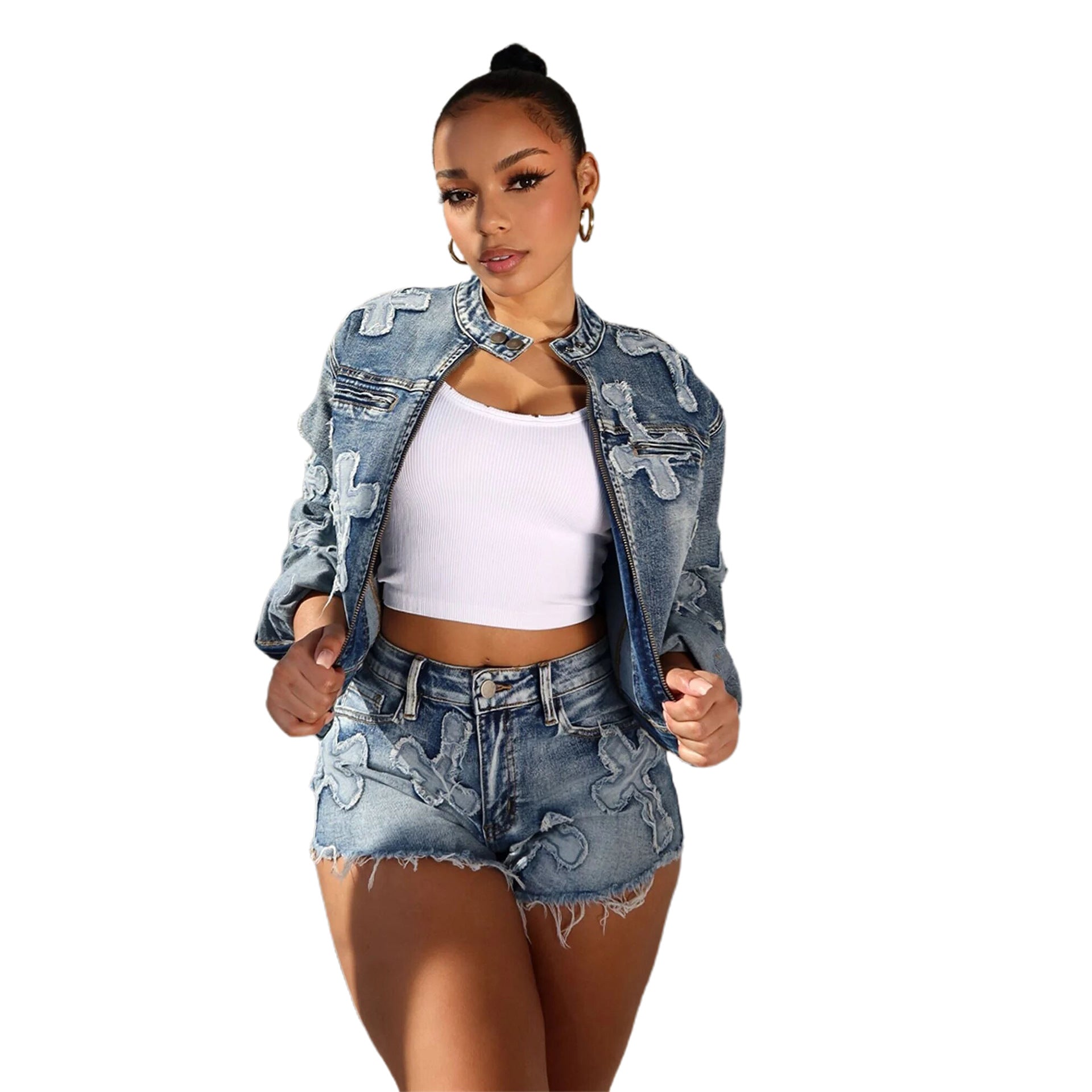 Women Denim Embroidered Cross Stretch Top and Shorts Two-piece Set 5