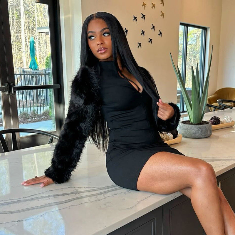 Women Autumn Zipper Neck Long-Sleeved Fur Paneled Sexy Bodycon Dress 12