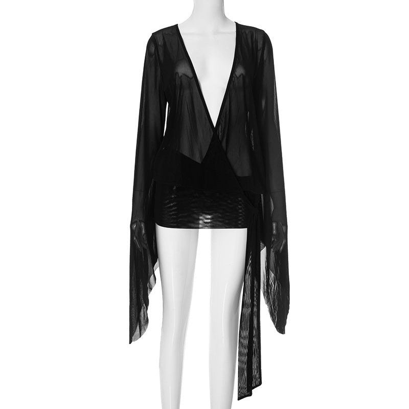 Women's Clothing Sexy Mesh Low-Cut Mini Short Dress 6