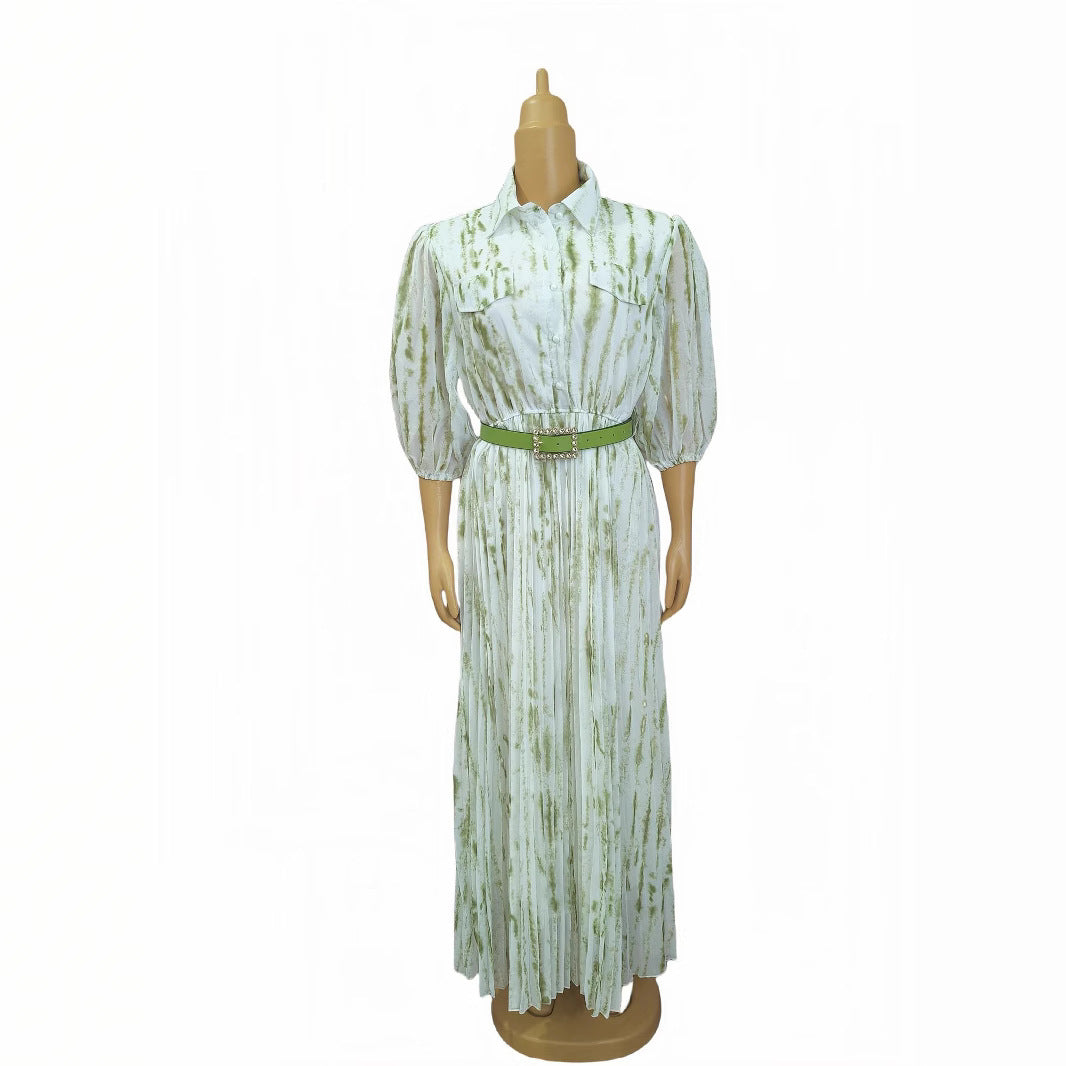 African Women Printed Turndown Collar Long Sleeve Chiffon Dress with Belt 7