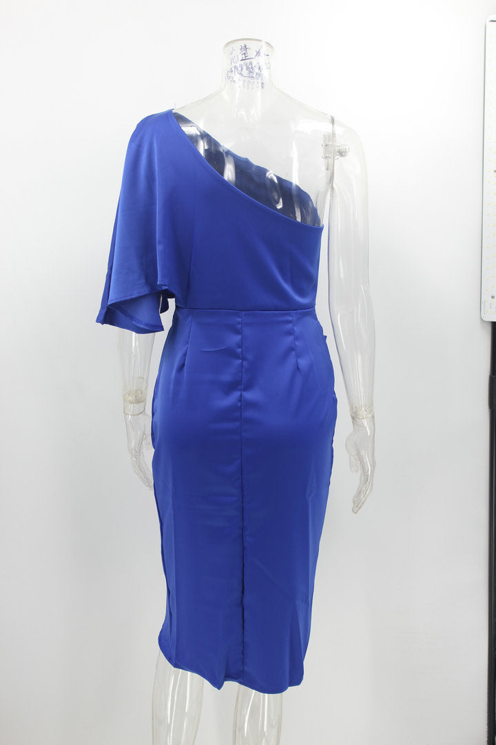 WomenSexy Single Sleeve Irregular Satin Evening Dress 14