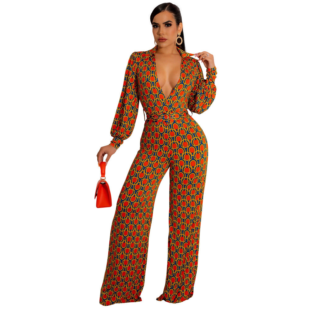 Women'S Winter Casual Fashion Print Deep V Neck Jumpsuit 9