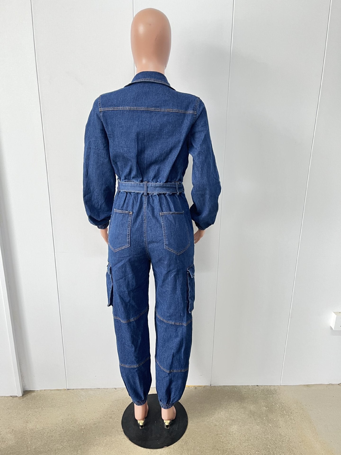 Stylish Street Style Slim Waist Tight Fitting Multi-Pocket Elastic Waist Denim Cargo Jumpsuit 10