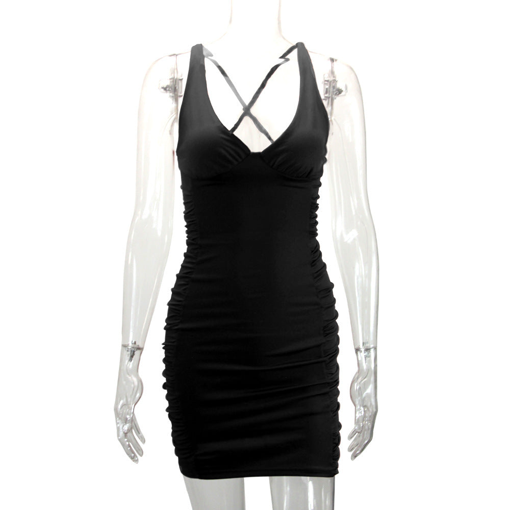 Women Summer V-Neck Backless Pleated Bodycon Dress 11