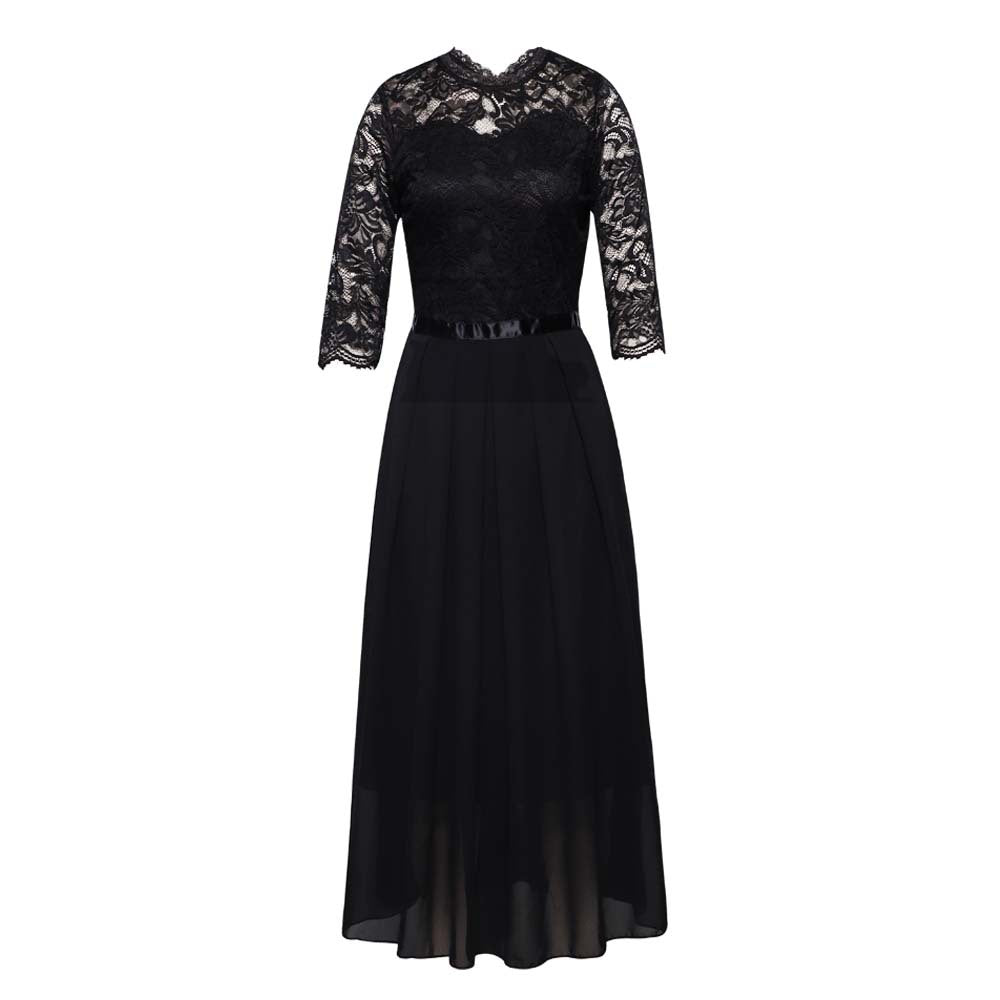 Women Patchwork Chiffon Round Neck Lace Evening Gown 9