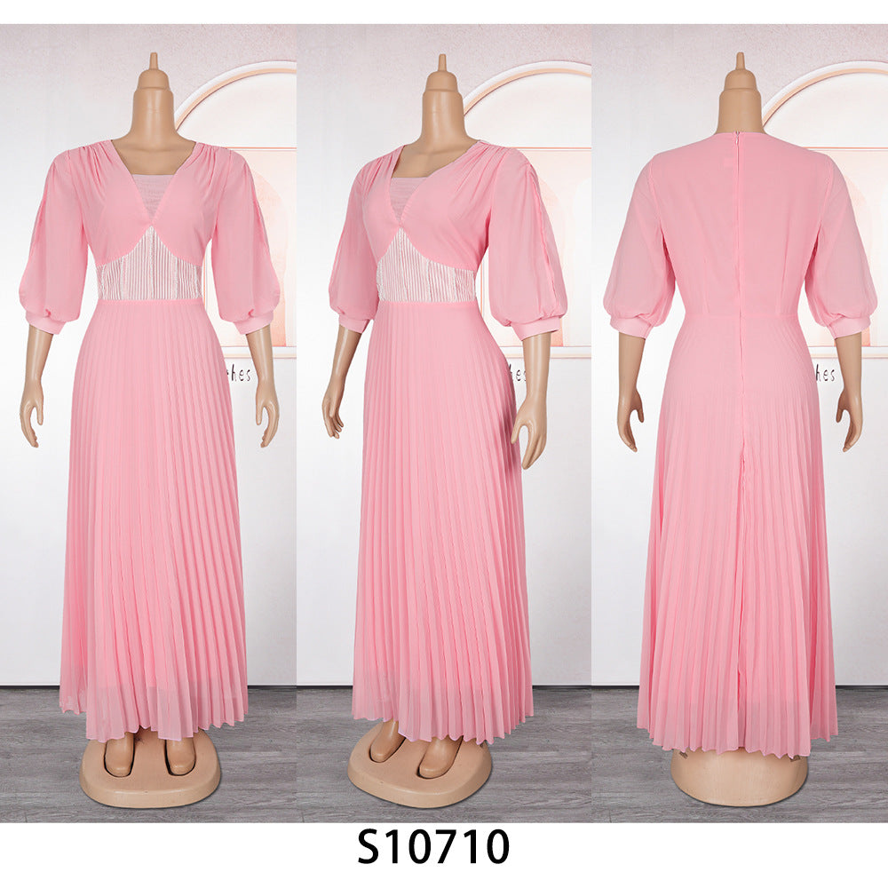 Plus Size African Women elegant v-neck pleated dress 15