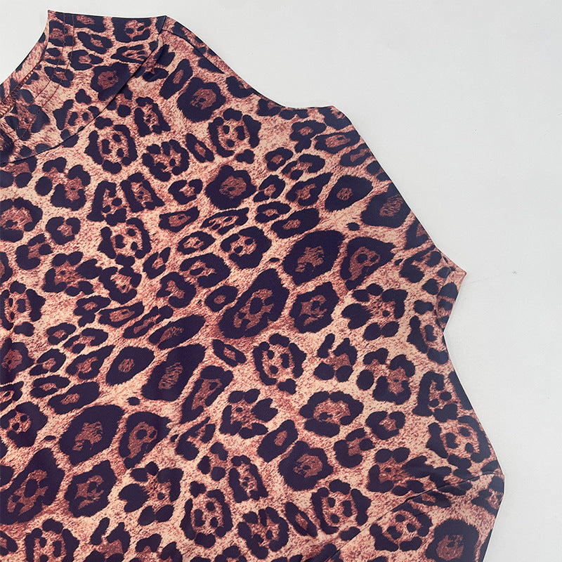 Women's Spring Leopard Print Round Neck Pleated Slim Sexy Low-Back Dress 11