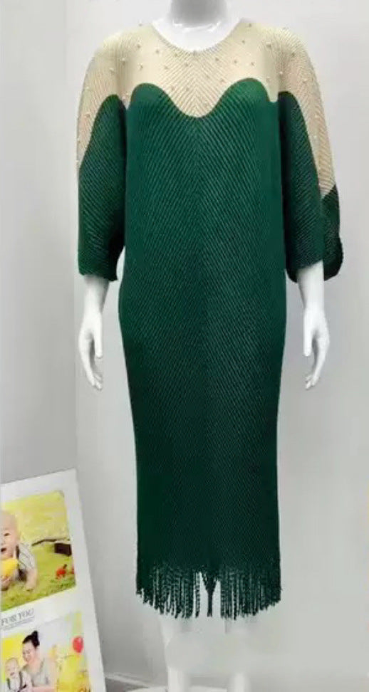 Beaded Plus Size African Fashion Bat Sleeve Color-Block Midi Loose Women's Dress 16