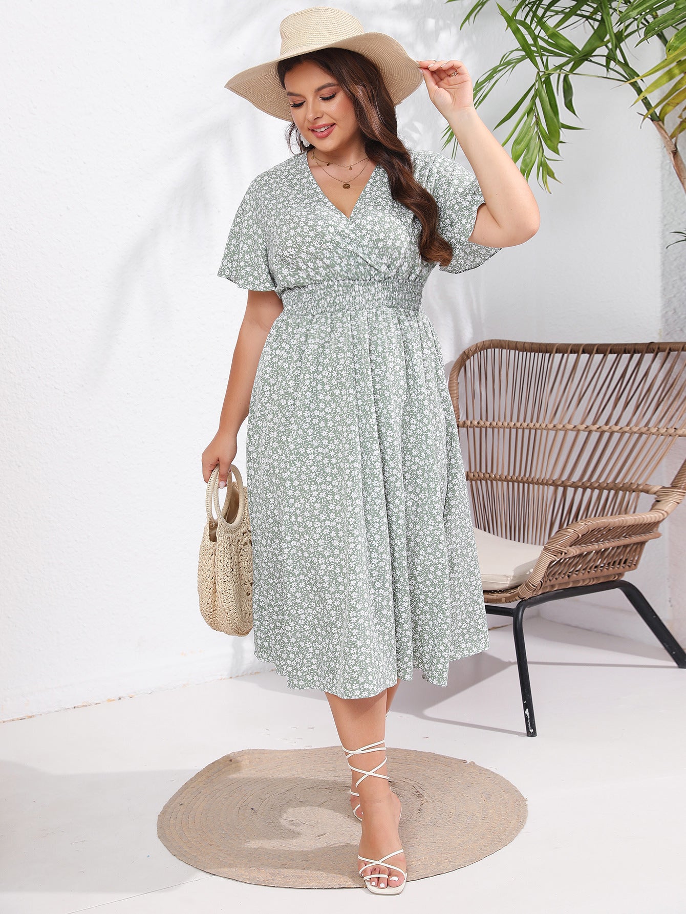Women's Summer Plus Size Short Sleeve V-Neck Slim Waist Print Dress 3