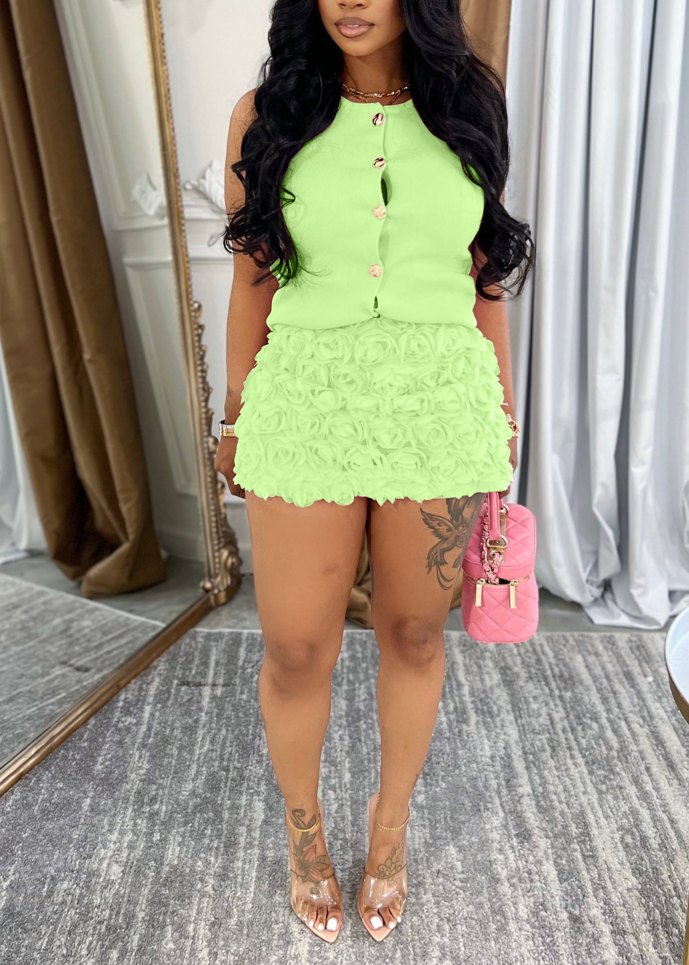 Women's Sleeveless Top Floral Bodycon Skirt Set 5