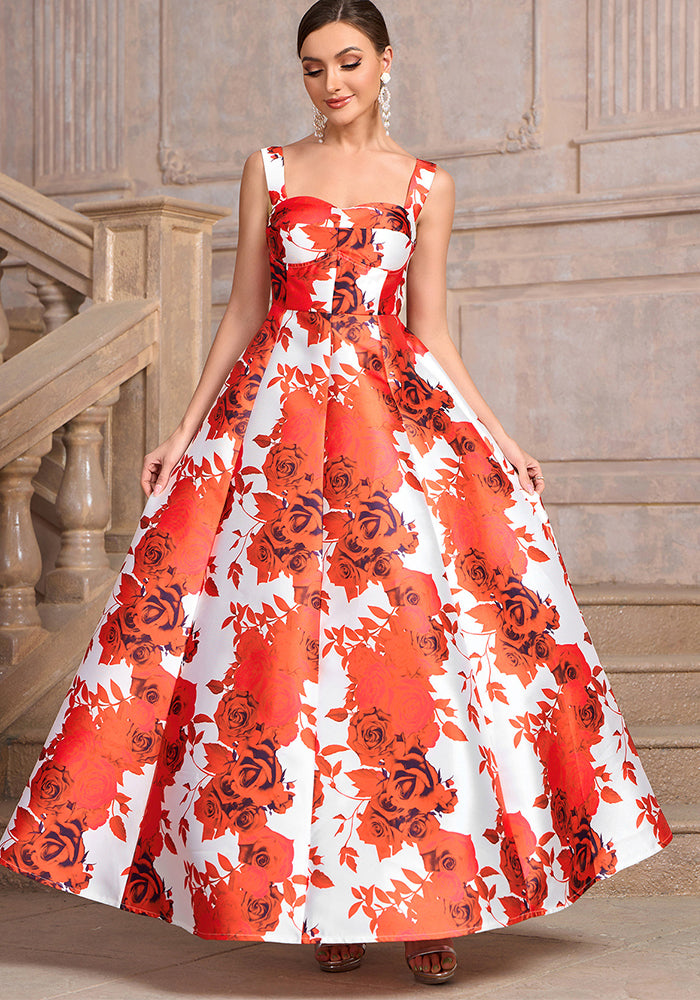 Women red square neck printed dinner dress