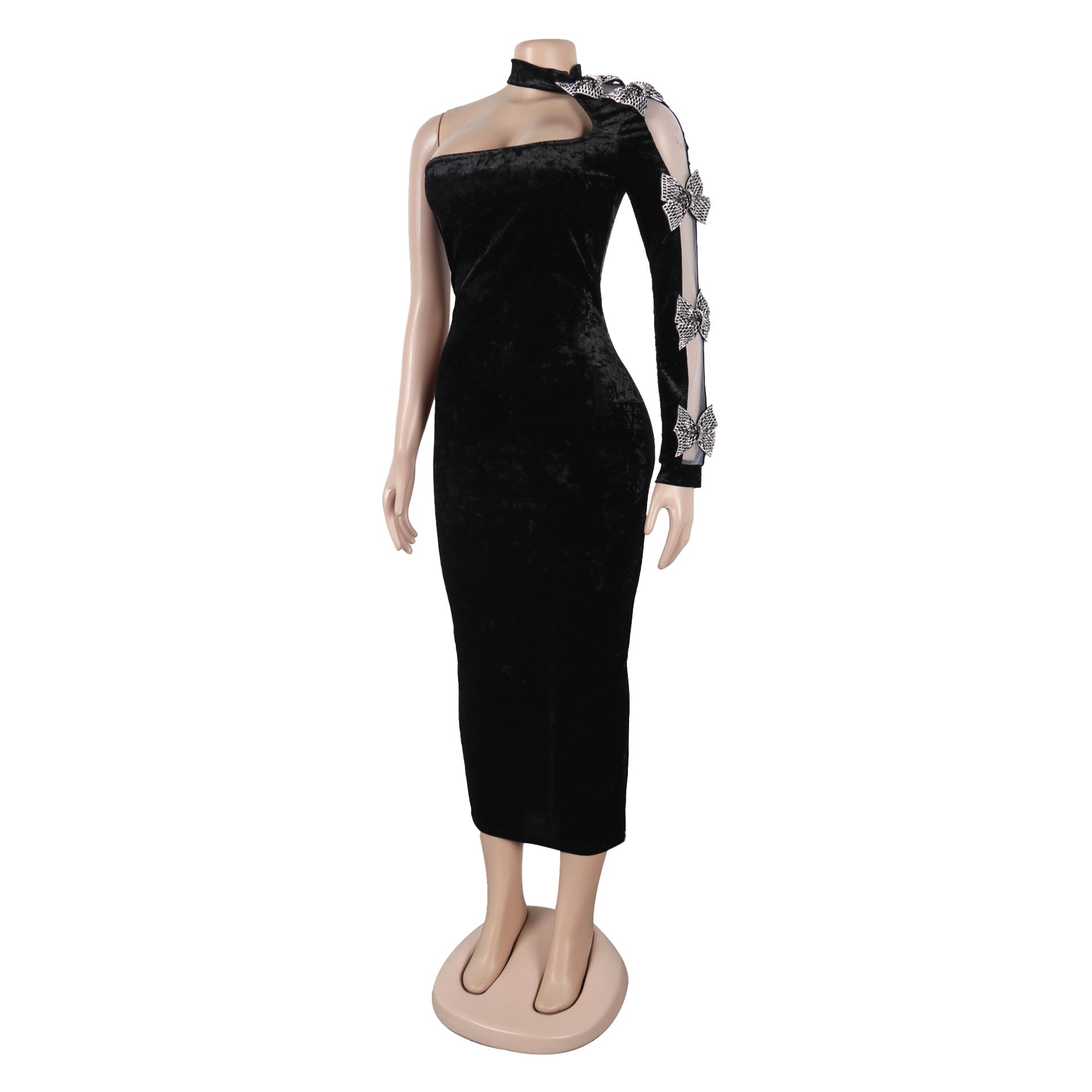 Women off-shoulder rhinestone ribbon single long-sleeved velvet dress 7