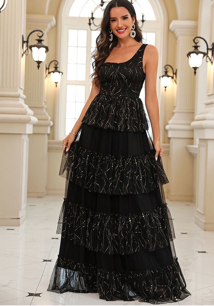 Summer Women's Slash Shoulder Cascading Ruffles Mesh  Elegant Chic Long Evening Dress