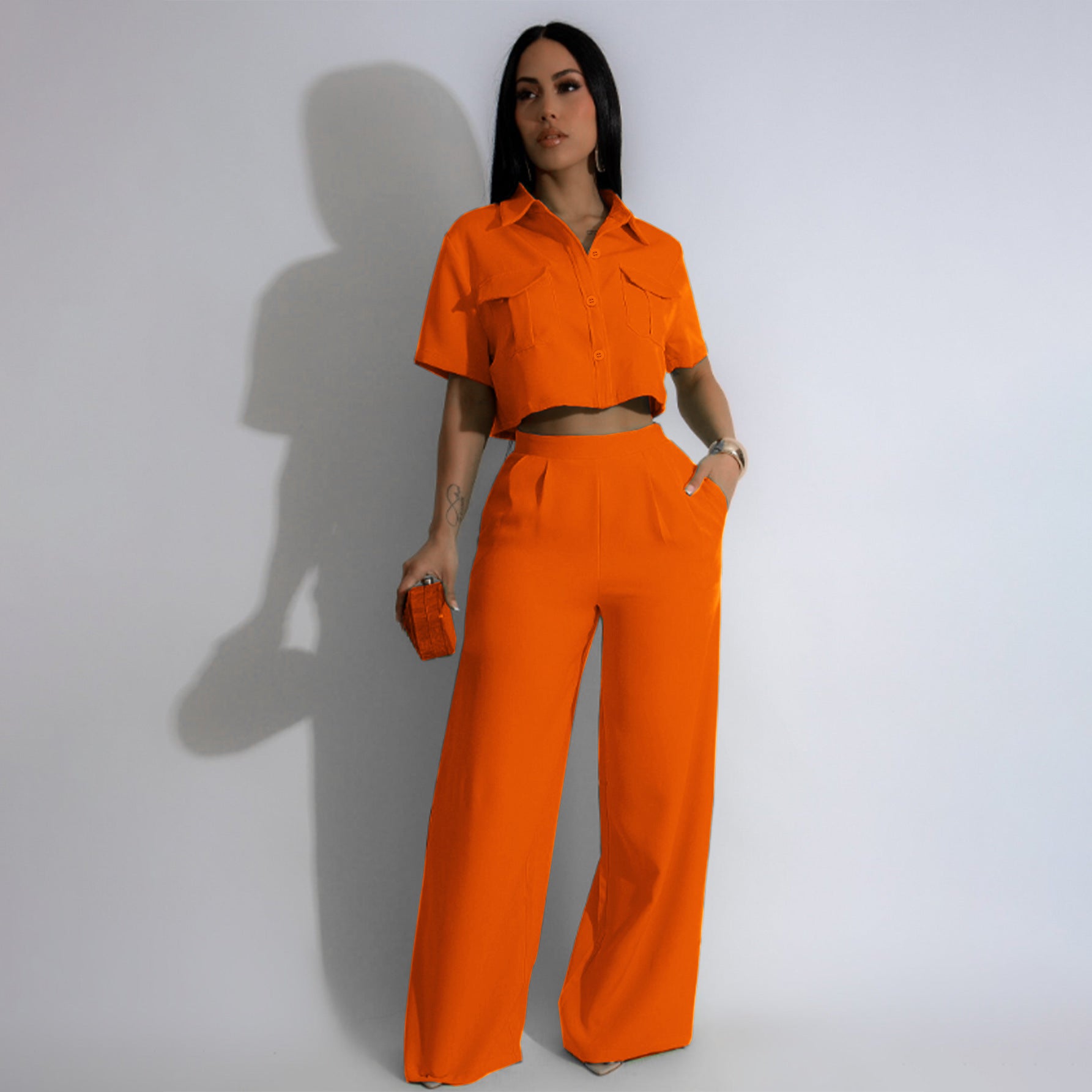 Women's Summer Fashion Turndown Collar Short Sleeve High Waisted Wide Leg Two Piece Pants Set 4
